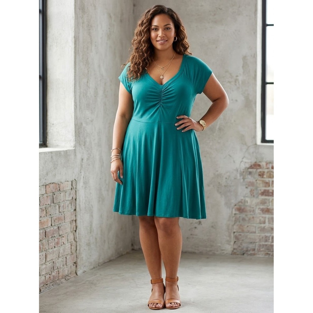 Torrid Super Soft Teal Green Fit and Flare Pocket Dress V-Neck Open Back Size 4